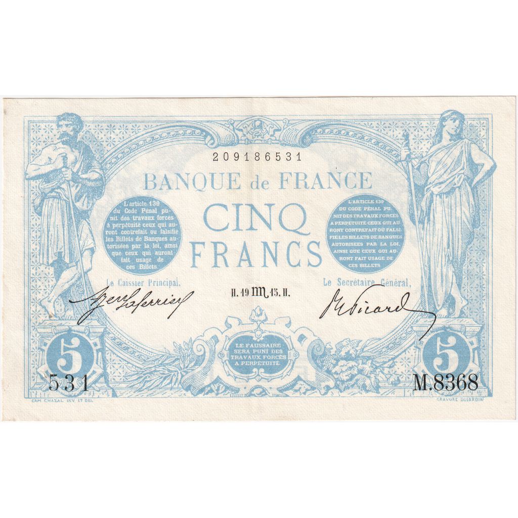 França, 5 Francs, Bleu, 1915-10-19, M.8368, UNC(64)