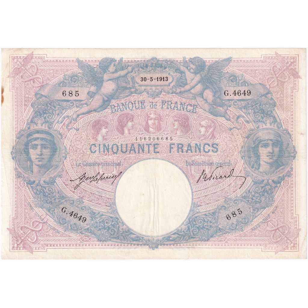 France, 50 Francs, Bleu et Rose, 1913-05-30, G.4649, AU(50-53)