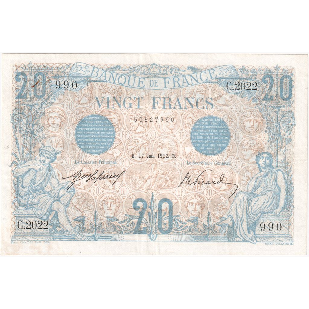 France, 20 Francs, Bleu, 1912-06-17, C.2022, AU(50-53)