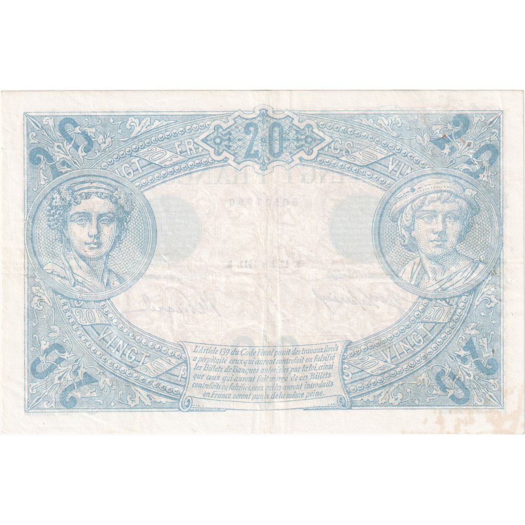 France, 20 Francs, Bleu, 1912-06-17, C.2022, AU(50-53)