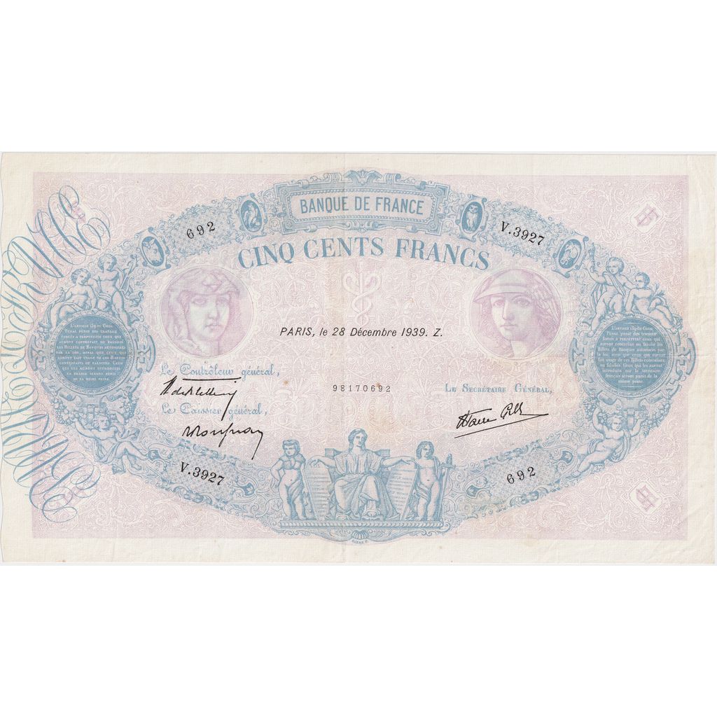 France, 500 Francs, Bleu et Rose, 1939-12-28, V.3927, AU(55-58)