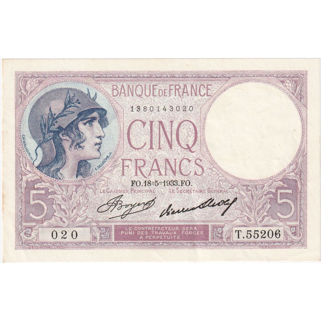 France, 5 Francs, Violet, 1933-05-18, T.55206, UNC(63)