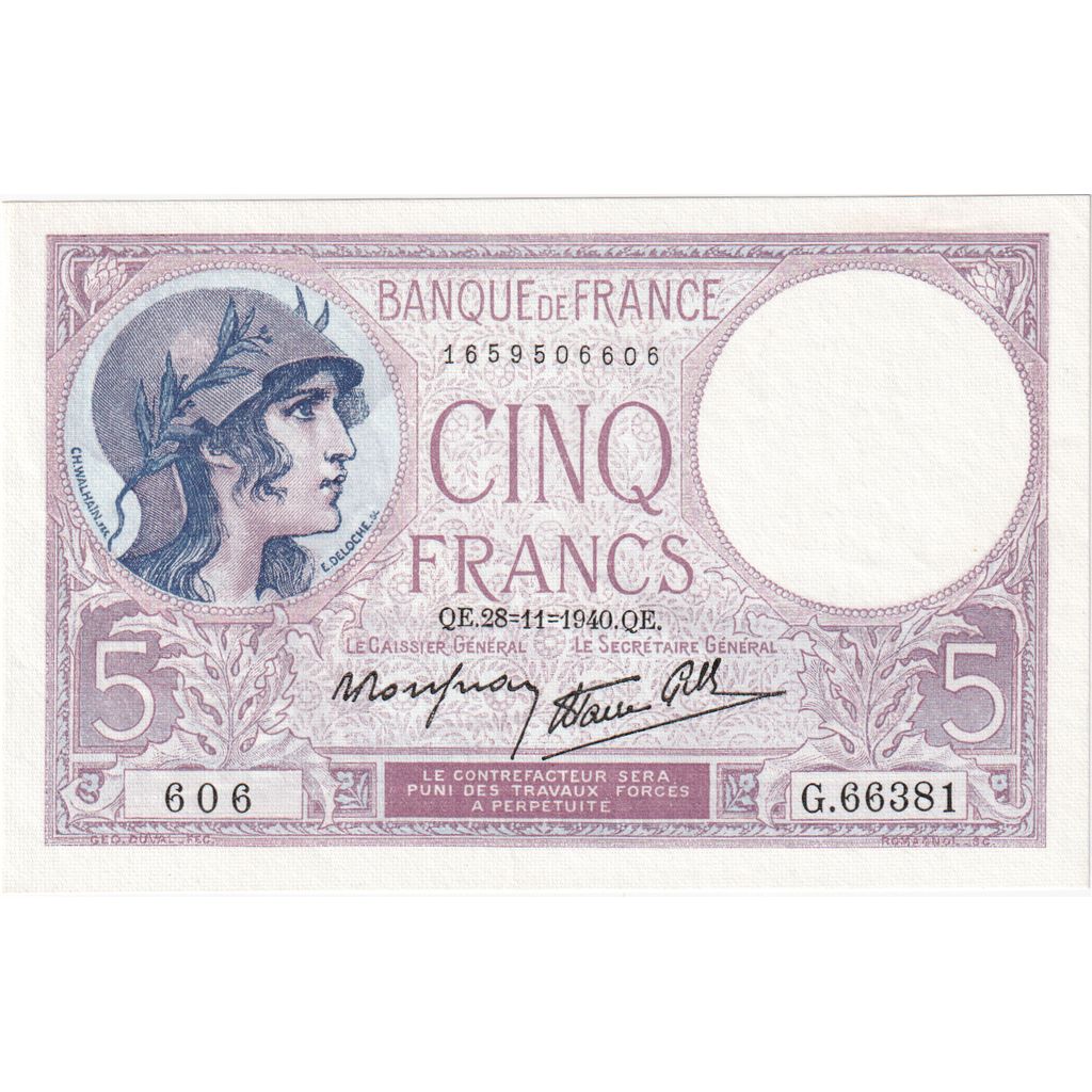 France, 5 Francs, Violet, 1940-11-28, G.66381, UNC(65-70)