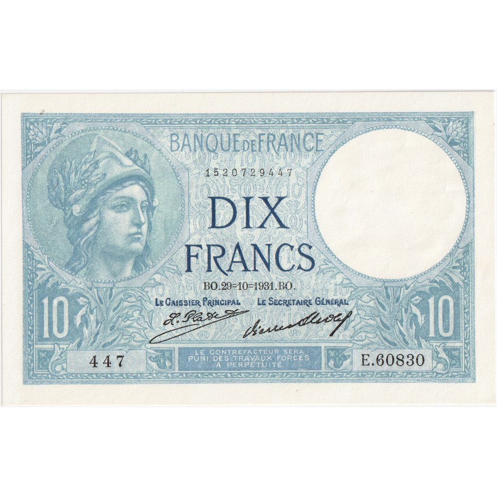 France, 10 Francs, Minerve, 1931-10-29, E.60830, UNC(60-62)