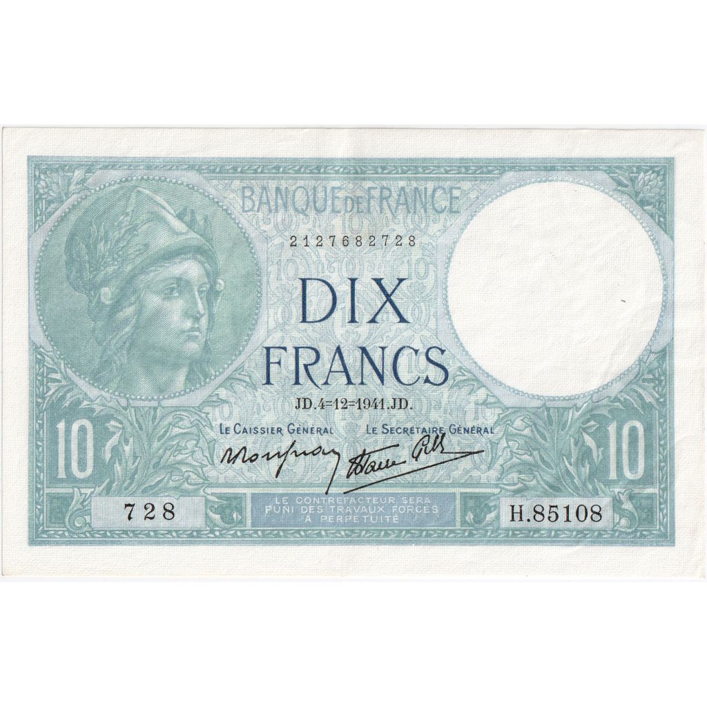 France, 10 Francs, Minerve, 1941-12-04, H.85108, AU(55-58)