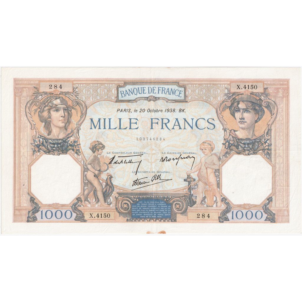 França, 1000 Francs, Cérès et Mercure, 1938-10-20, X.4150, AU(50-53)
