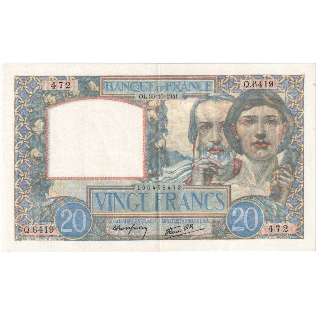 France, 20 Francs, Science et Travail, 1941-10-30, Q.6419, UNC(63)