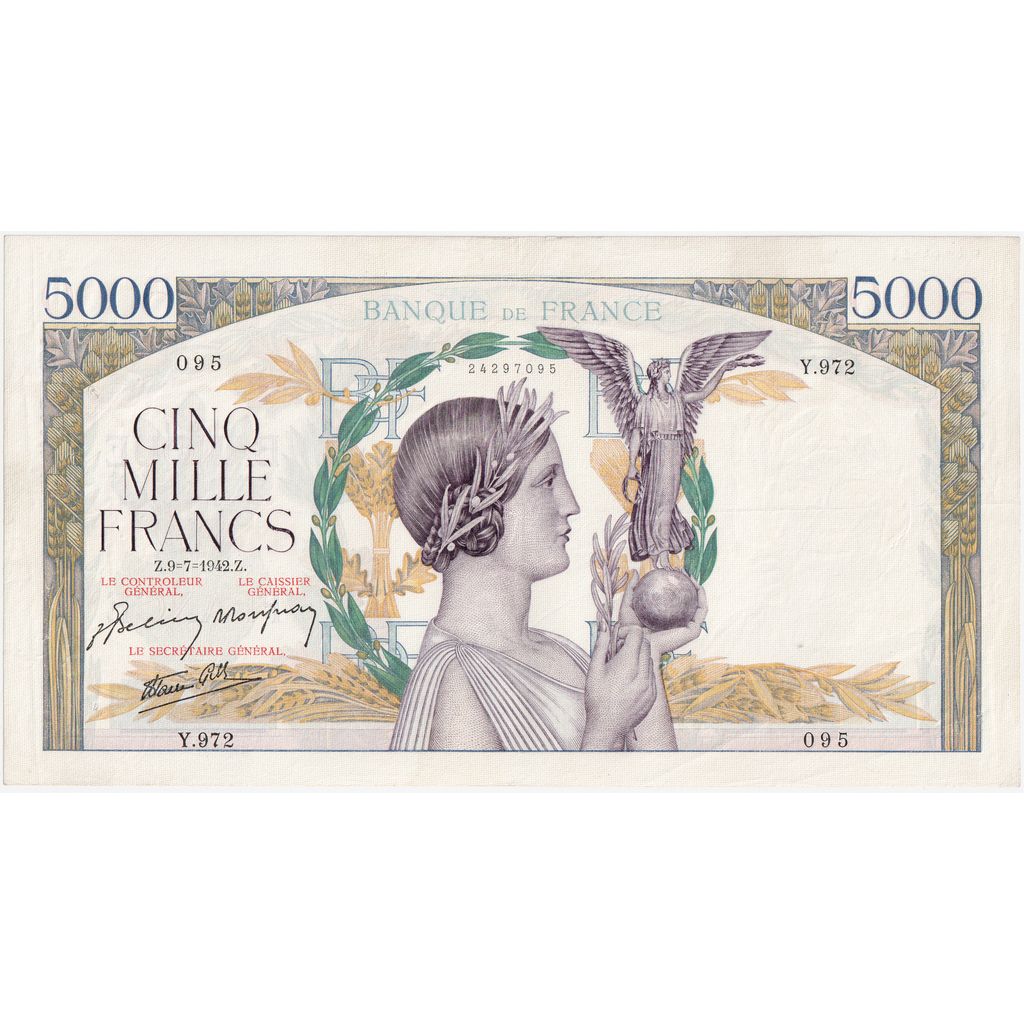 França, 5000 Francs, Victoire, 1942-07-09, Y.972, UNC(63)