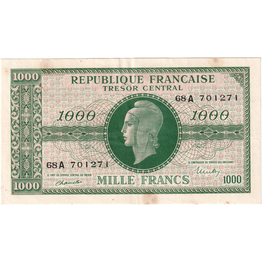 France, 1000 Francs, Marianne, 1945, 68A, AU(55-58)