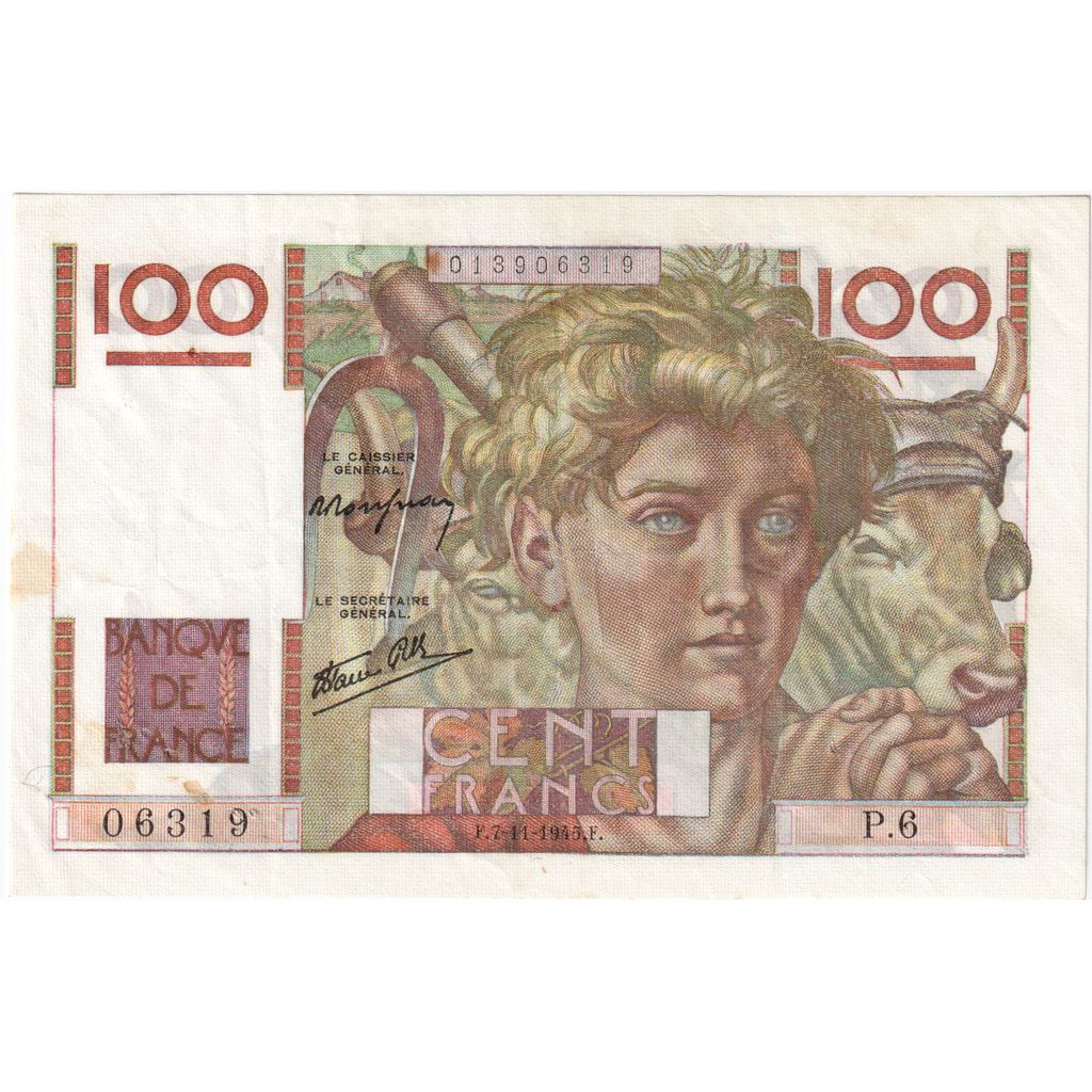 France, 100 Francs, Jeune Paysan, 1945-11-07, P.6, AU(50-53)