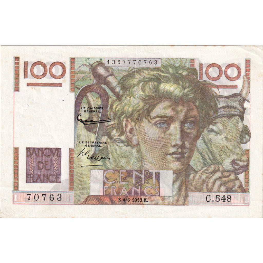 France, 100 Francs, Jeune Paysan, 1953-06-04, C.548, AU(55-58)