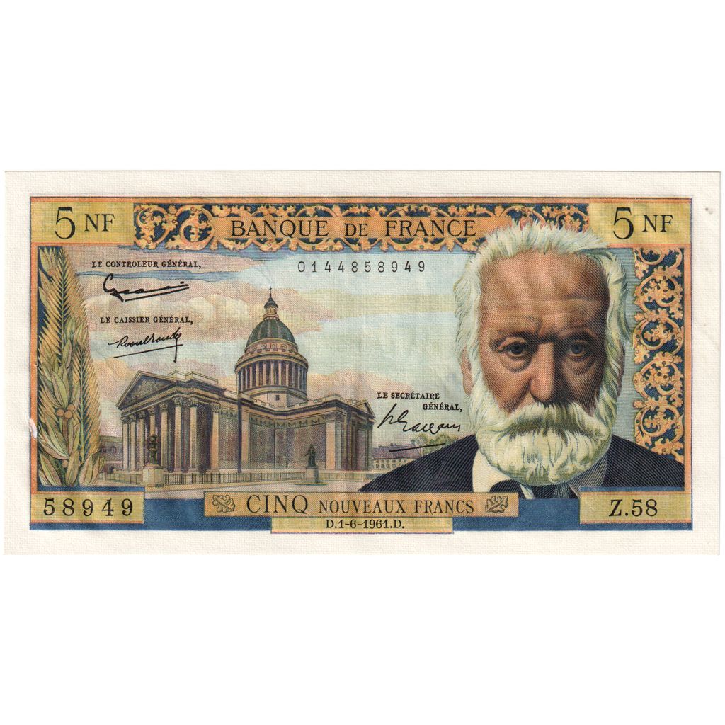 France, 5 Nouveaux Francs, Victor Hugo, 1961-06-01, Z.58, AU(55-58)