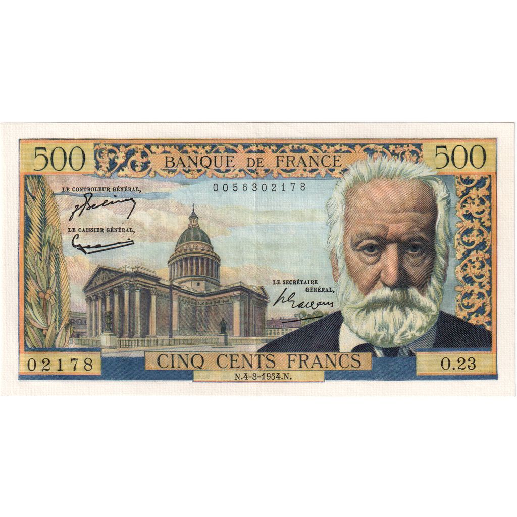 France, 500 Francs, Victor Hugo, 1954-03-04, O.23, AU(50-53)