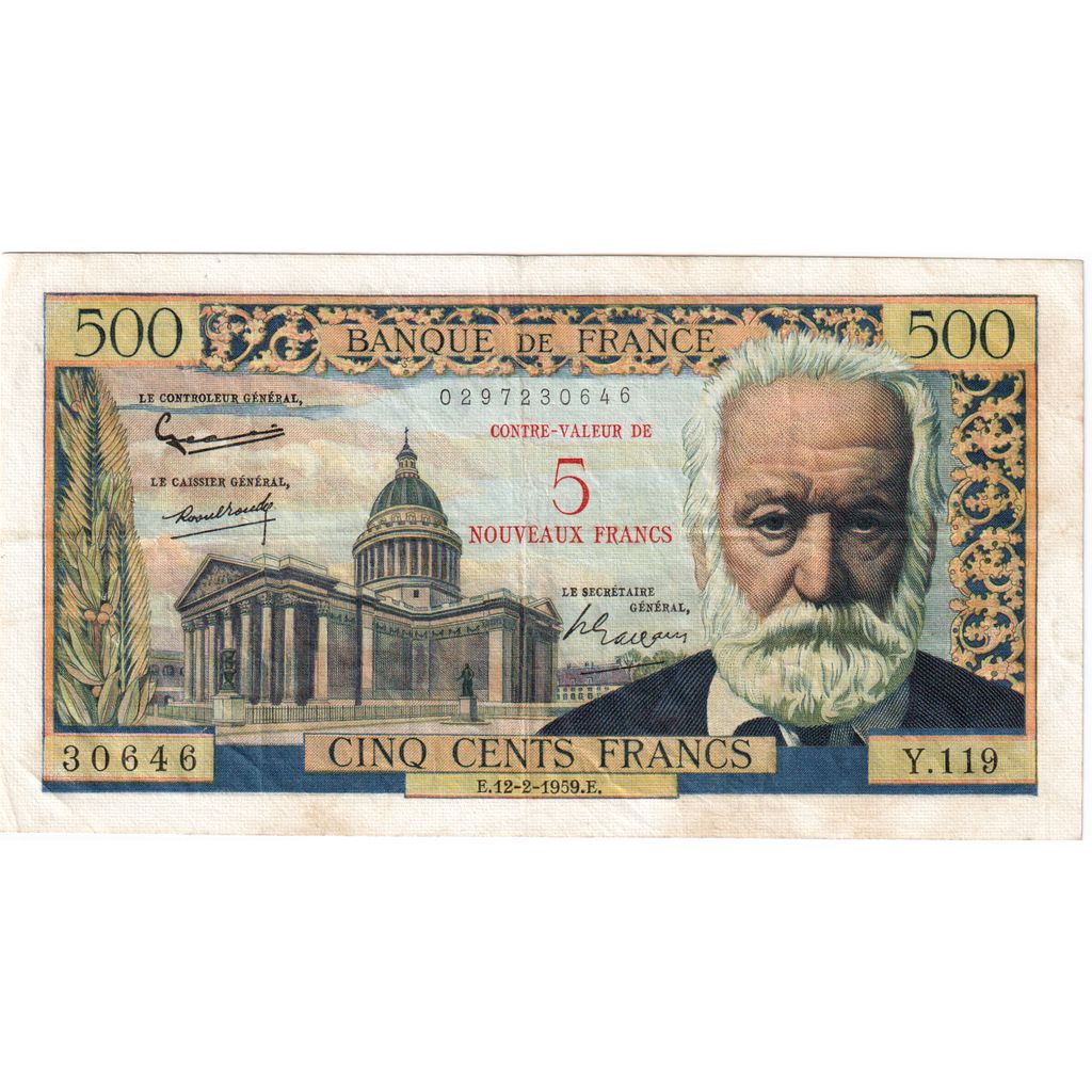 France, 5 Nouveaux Francs on 500 Francs, Victor Hugo, 1959-02-12, Y.119