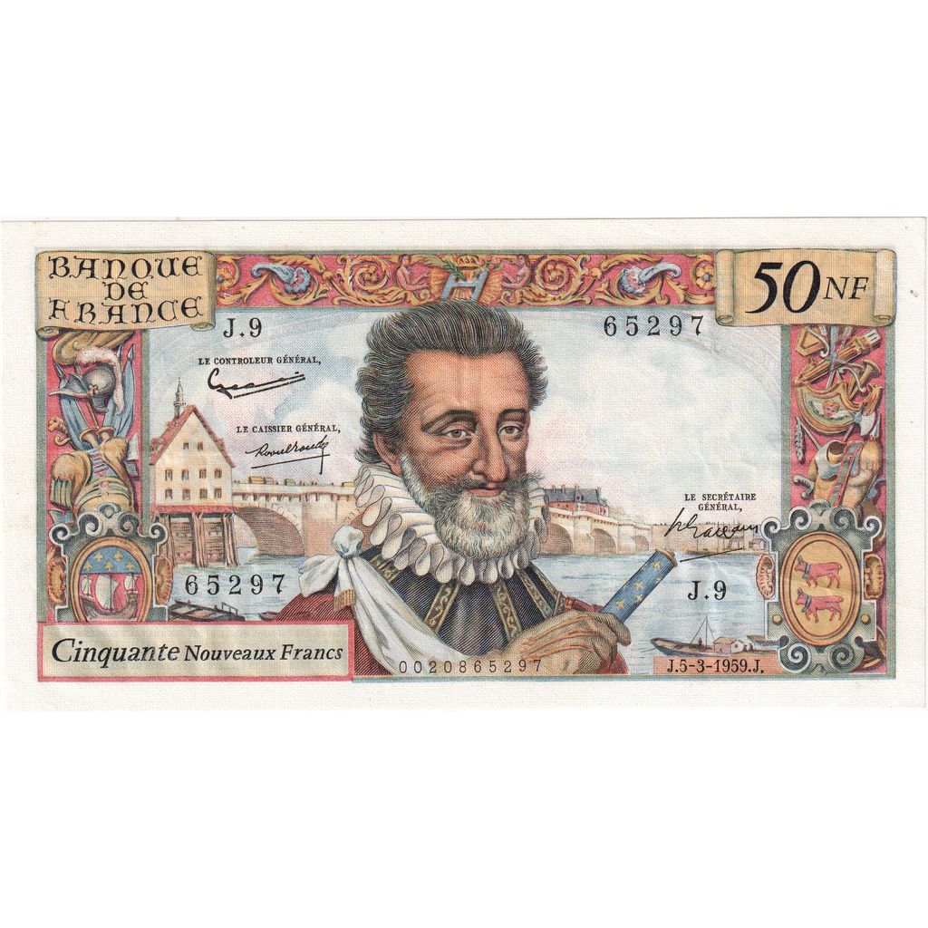 France, 50 Nouveaux Francs, Henri IV, 1959-03-05, J.9, AU(50-53)