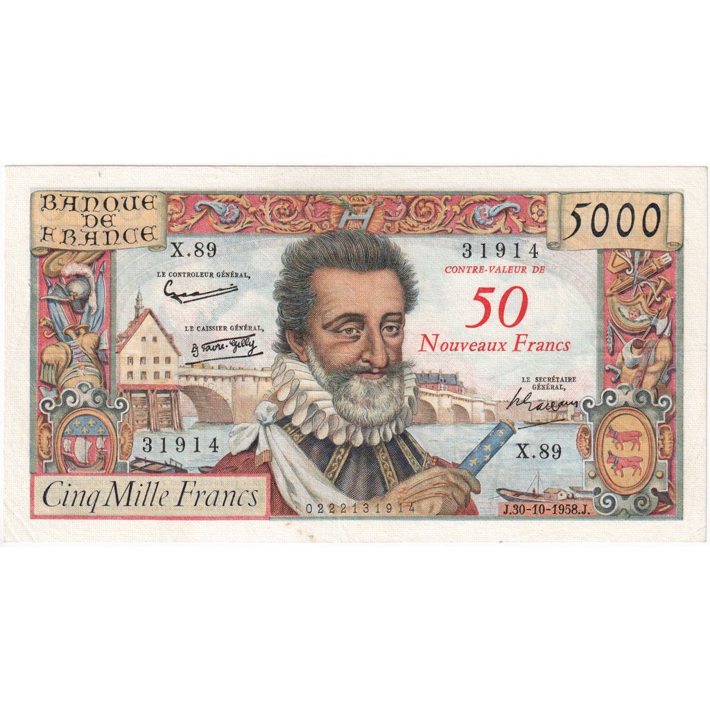 Frankreich, 50 Nouveaux Francs on 5000 Francs, Henri IV, 1958-10-30, X.89, SS+