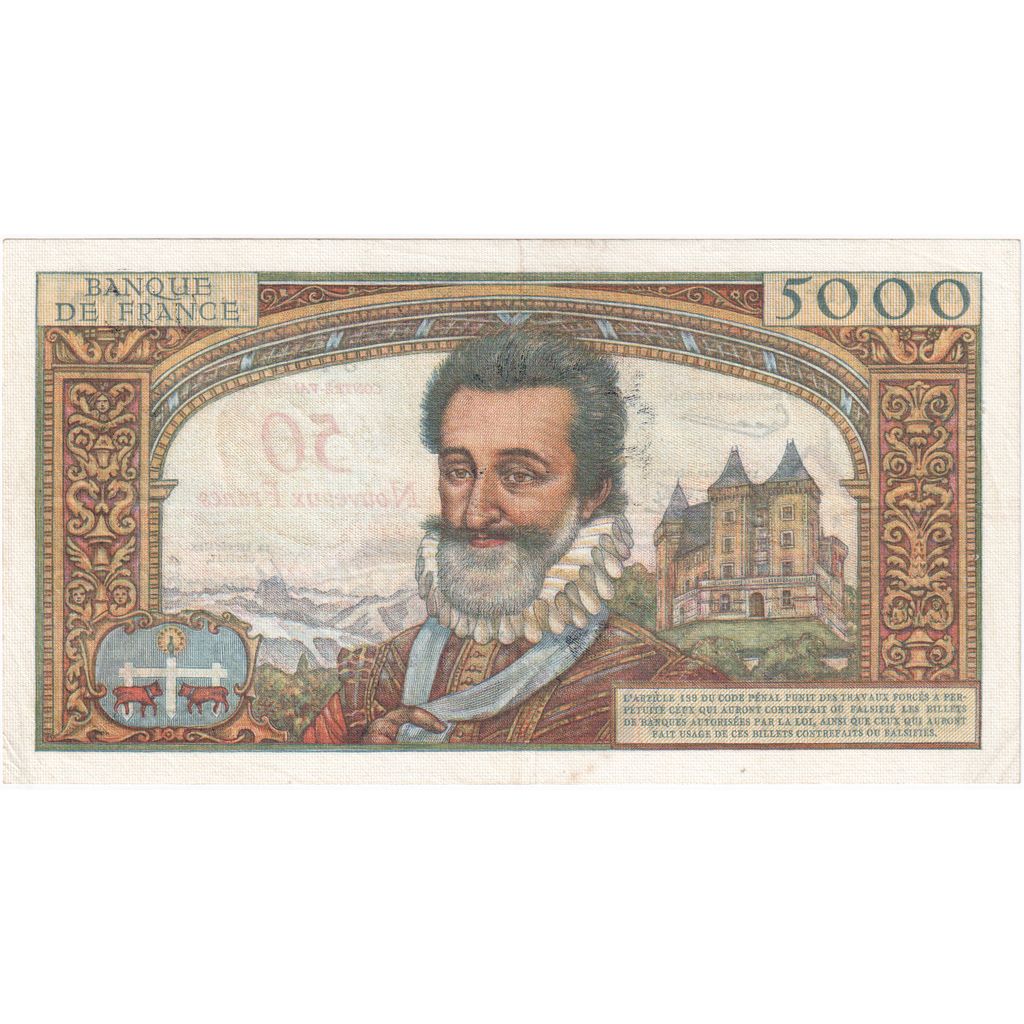 Frankreich, 50 Nouveaux Francs on 5000 Francs, Henri IV, 1958-10-30, X.89, SS+