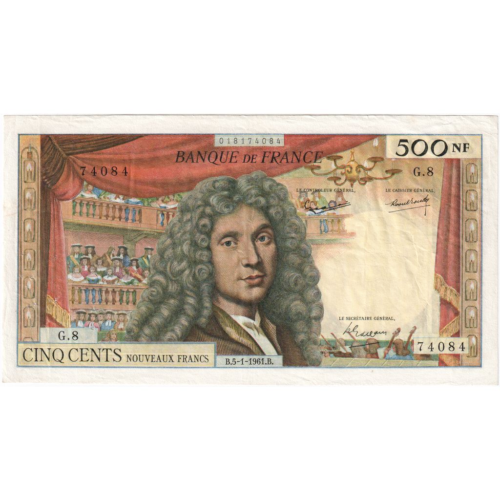 France, 500 Nouveaux Francs, Molière, 1961-01-05, G.8, EF(40-45)