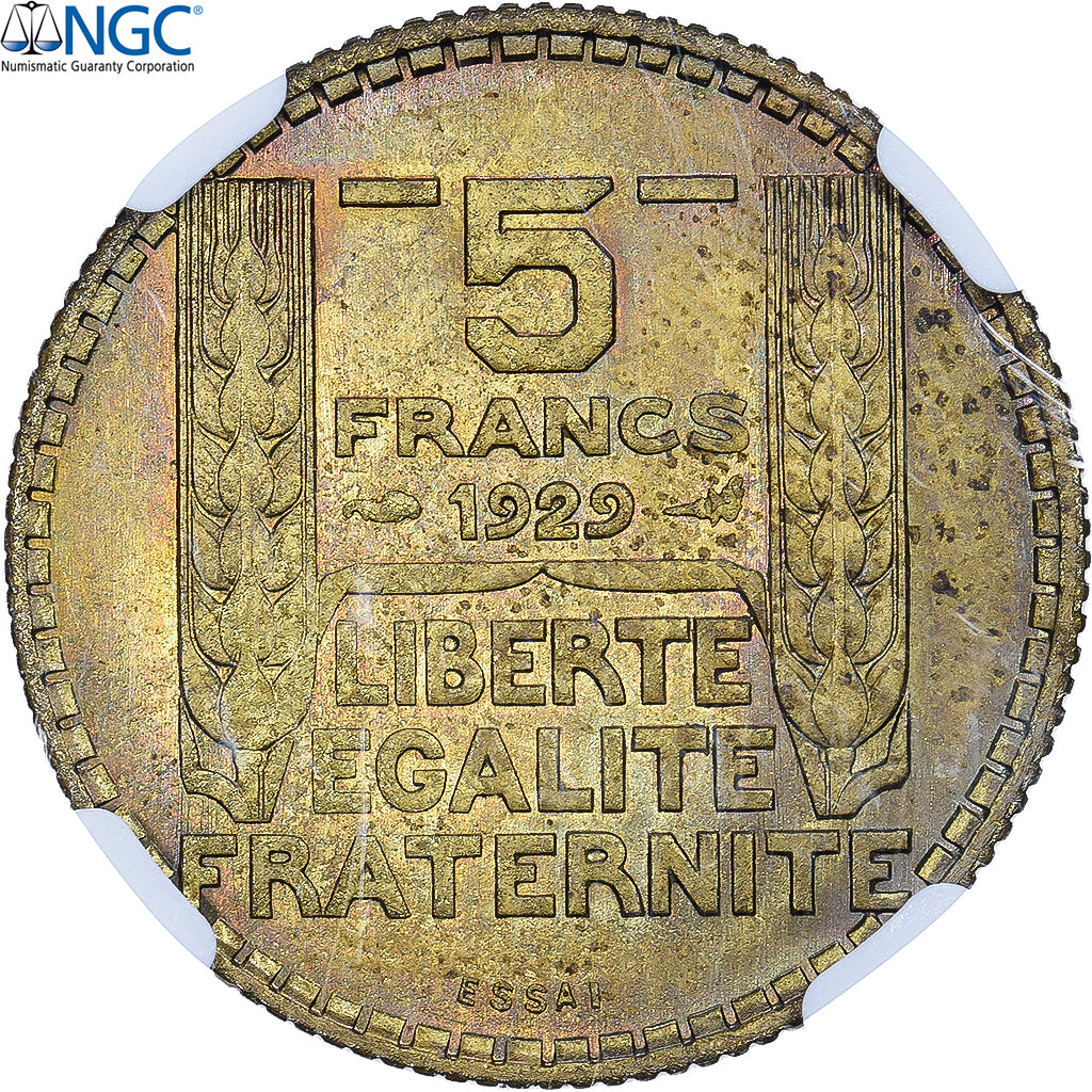 França, 5 Francs, Turin, 1929, Paris, Pattern, Alumínio-Bronze, NGC, MS65