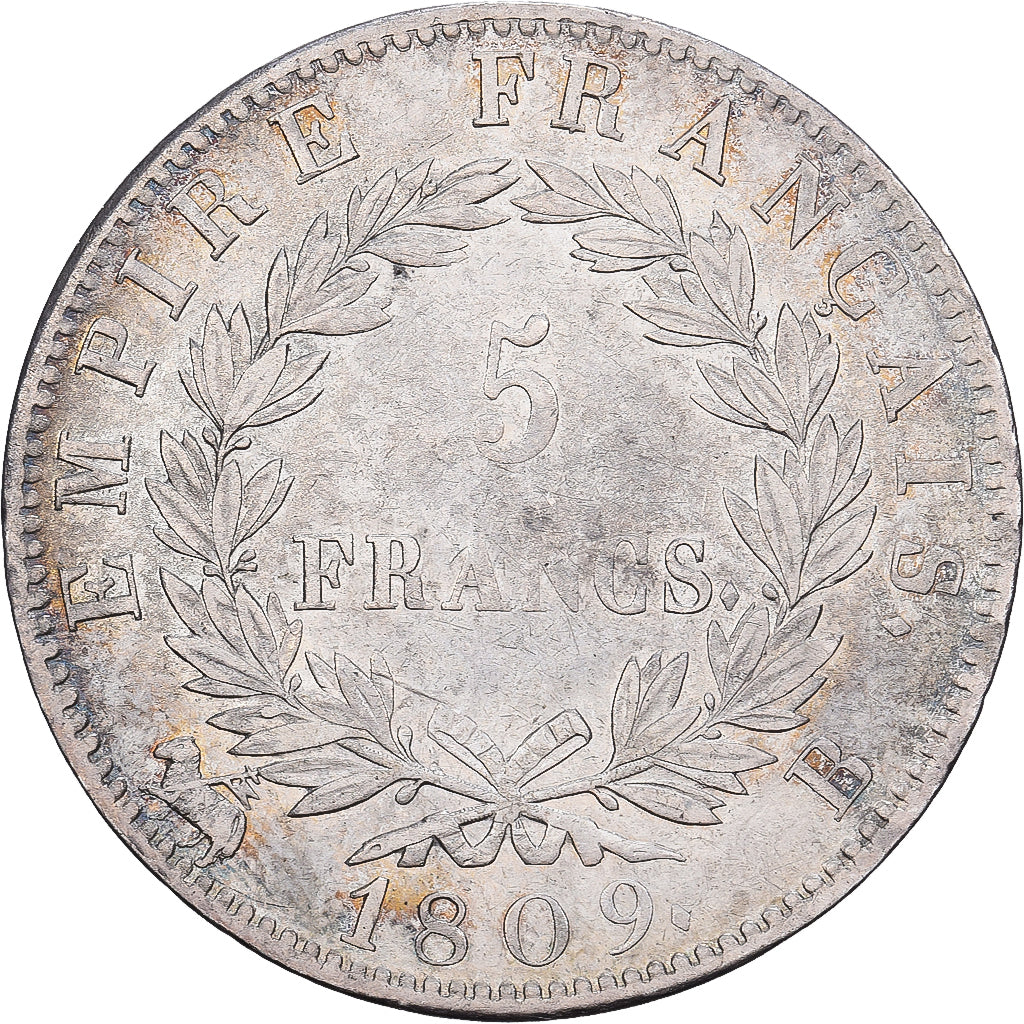 França, Napoleon I, 5 Francs, 1809, Rouen, Prata, EF(40-45), Gadoury:584