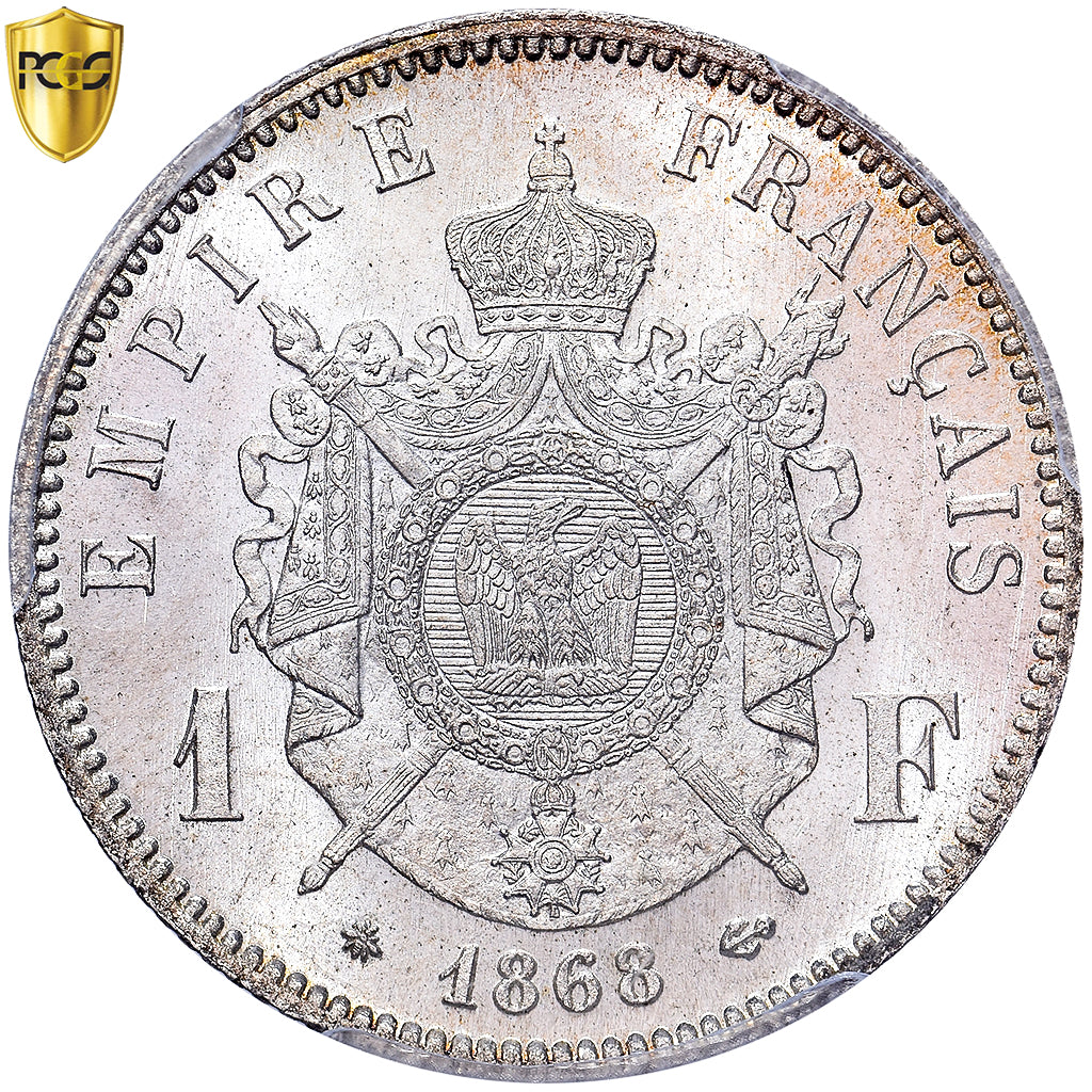 Frankrijk, Napoleon III, 1 Franc, 1868, Paris, Zilver, PCGS, MS65, Gadoury:463