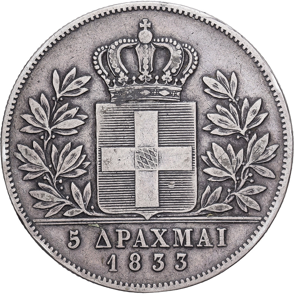 Grécia, Othon, 5 Drachmai, 1833, Munich, Prata, EF(40-45), KM:20