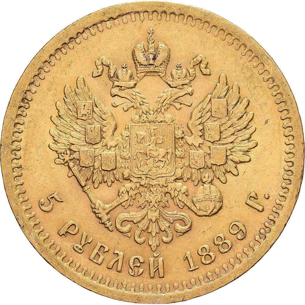 Russie, Alexander III, 5 Roubles, 1889, St. Petersburg, Or, TTB+, KM:42