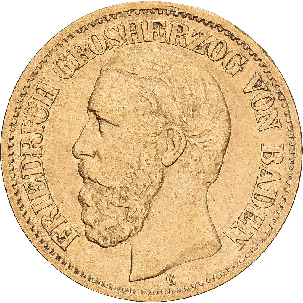 Grand Duchy of Baden, Friedrich I, 10 Mark, 1873, Stuttgart, Dourado, EF(40-45)
