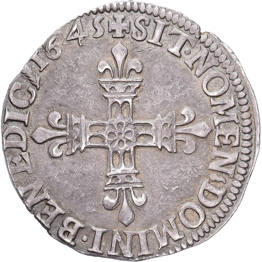 Francja, Louis XIV, 1/4 Ecu, frappé au marteau, 1645, Poitiers, Srebro