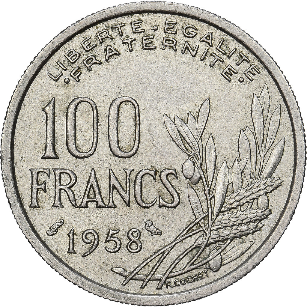 France, 100 Francs, Cochet, 1958, Paris, Owl, Copper-nickel, AU(55-58)