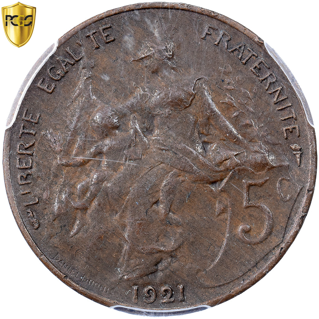 França, 5 Centimes, Daniel-Dupuis, 1921, Paris, Bronze, PCGS, AU50
