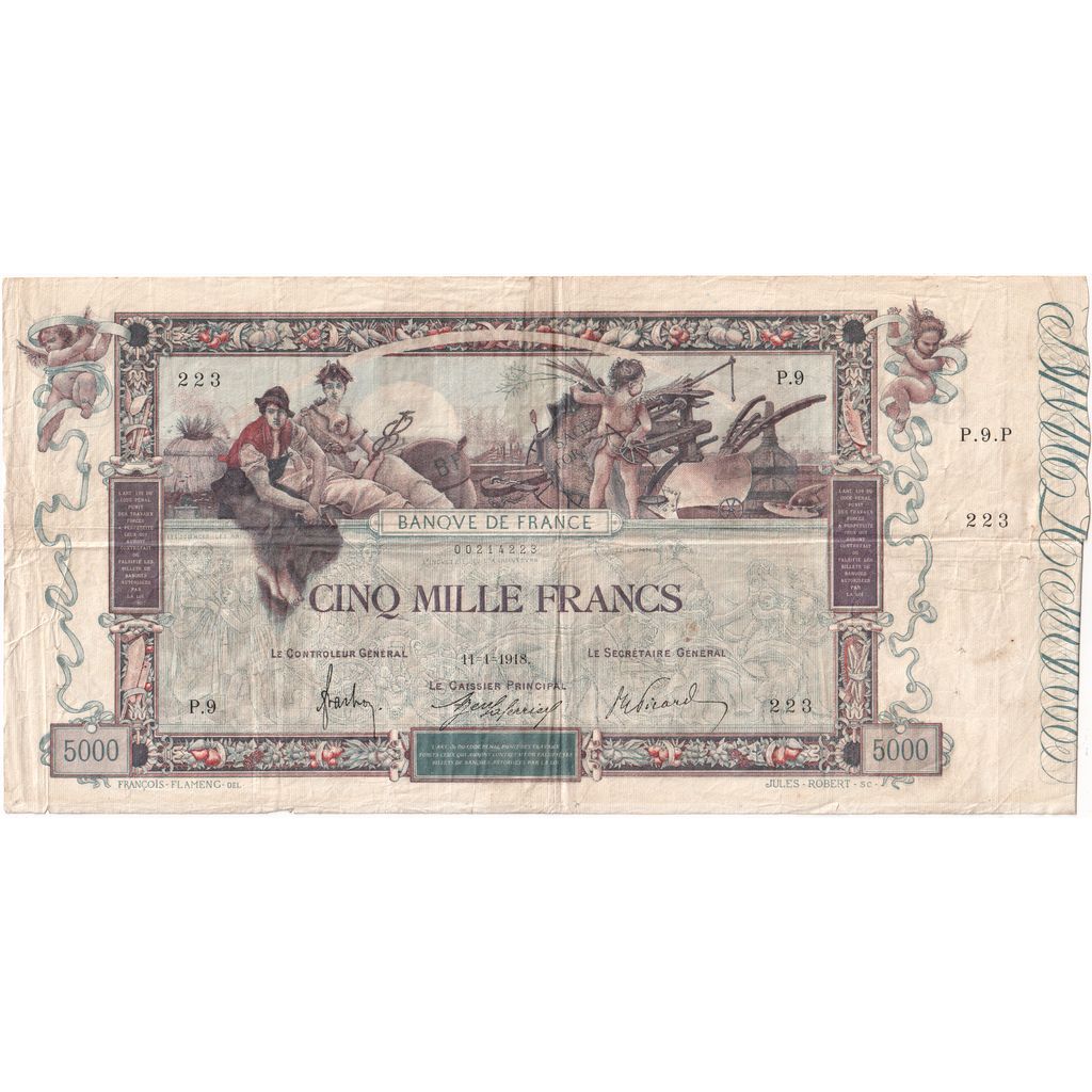 França, 5000 Francs, Flameng, 1918-01-11, P.9, VF(20-25)