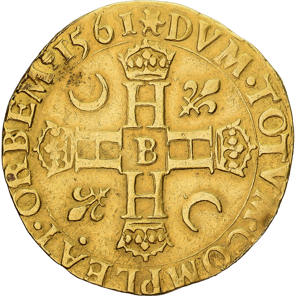 France, Henri II, Double Henri d'or, 1561, Rouen, 1st Type, Or, TB+
