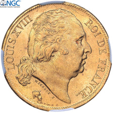 Frankrijk, Louis XVIII, 20 Francs, 1824, Paris, Goud, NGC, MS64, Gadoury:1028