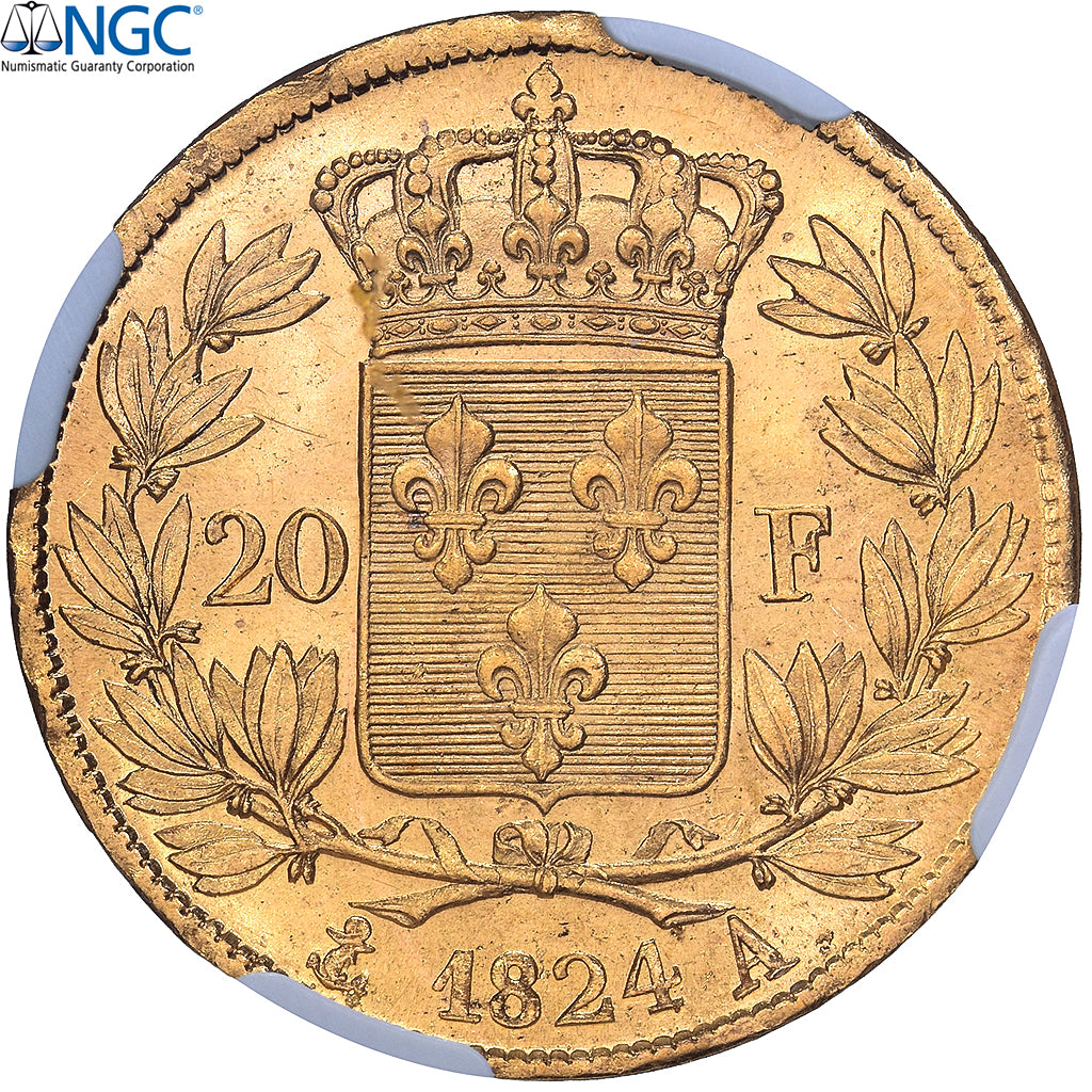 Frankrijk, Louis XVIII, 20 Francs, 1824, Paris, Goud, NGC, MS64, Gadoury:1028