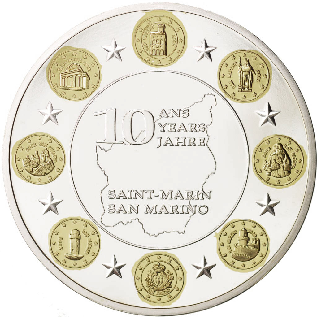 San Marino, Medal, 10 ans de l'Euro, MS(60-62), Copper Plated Silver