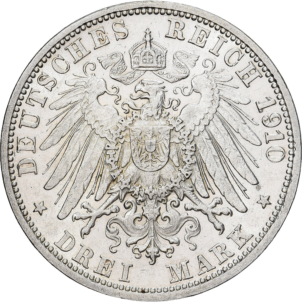 Coin, German States, BADEN, Friedrich II, 3 Mark, 1910, Stuttgart, AU(55-58)