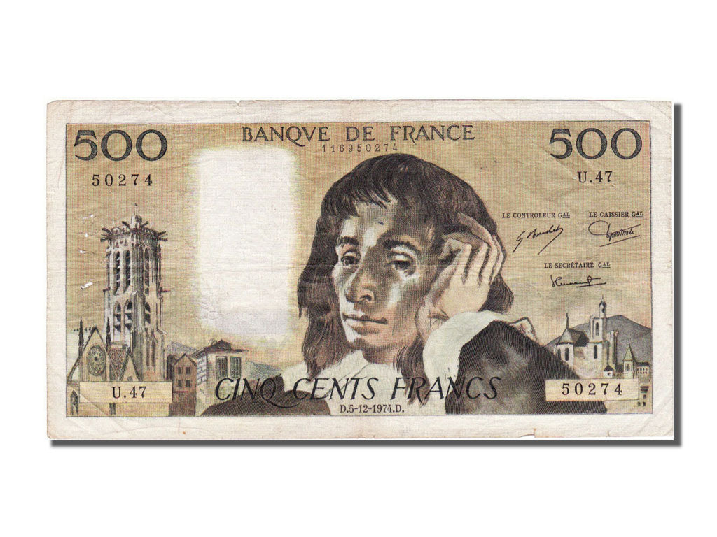 Francia, 500 Francs, 500 F 1968-1993 ''Pascal'', 1974, KM:156c, 1974-12-05, B...