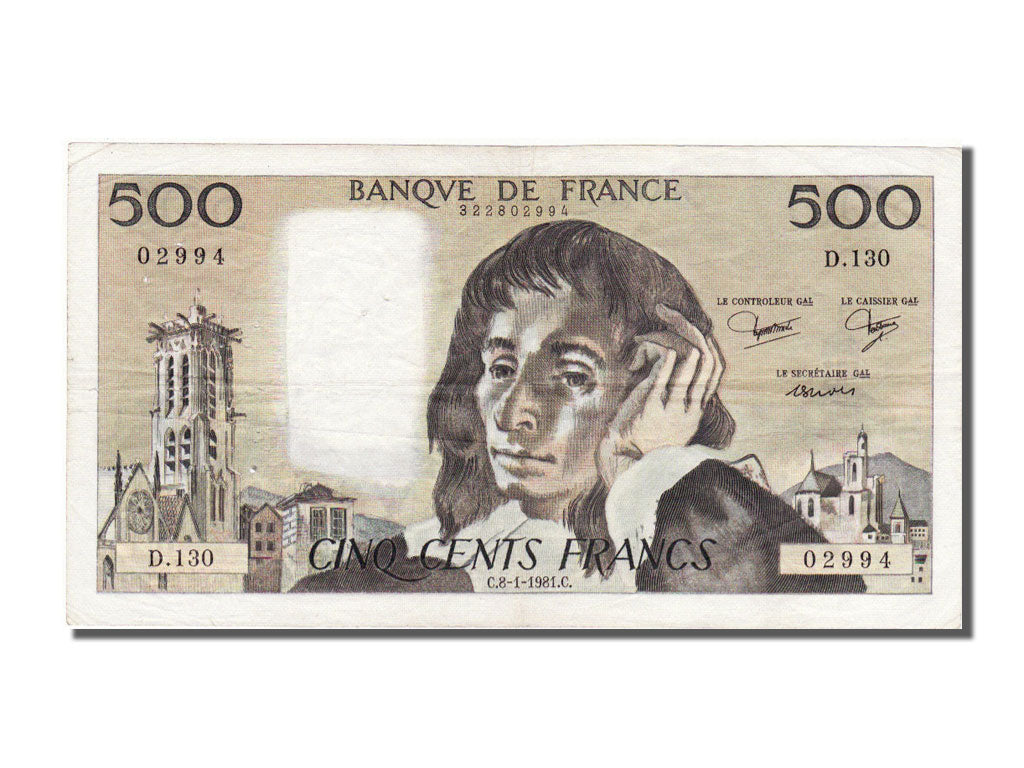 France, 500 Francs, 500 F 1968-1993 ''Pascal'', 1981, KM #156e, 1981-01-08,...