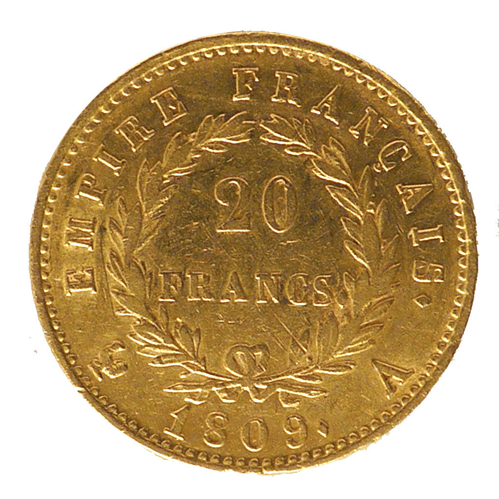 FRANCE, Napoléon I, 20 Francs, 1809, Paris, KM #695.1, AU(50-53), Gold, Gadoury 