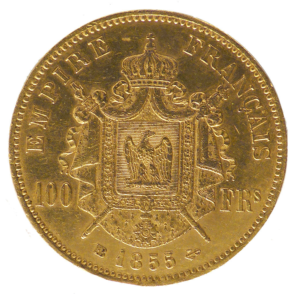FRANCE, Napoléon III, 100 Francs, 1855, Strasbourg, KM #786.2, AU(50-53), Gold, 