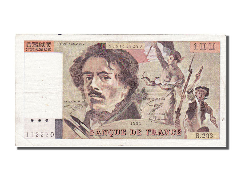 France, 100 Francs, 100 F 1978-1995 ''Delacroix'', 1991, KM #154e, EF(40-45), B.