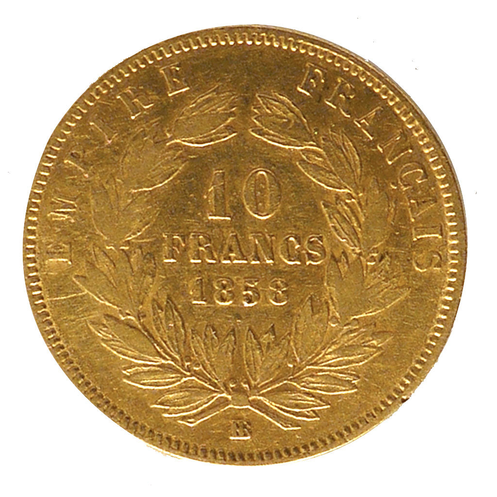 FRANCE, Napoléon III, 10 Francs, 1858, Strasbourg, KM #784.4, VF(30-35), Gold, G
