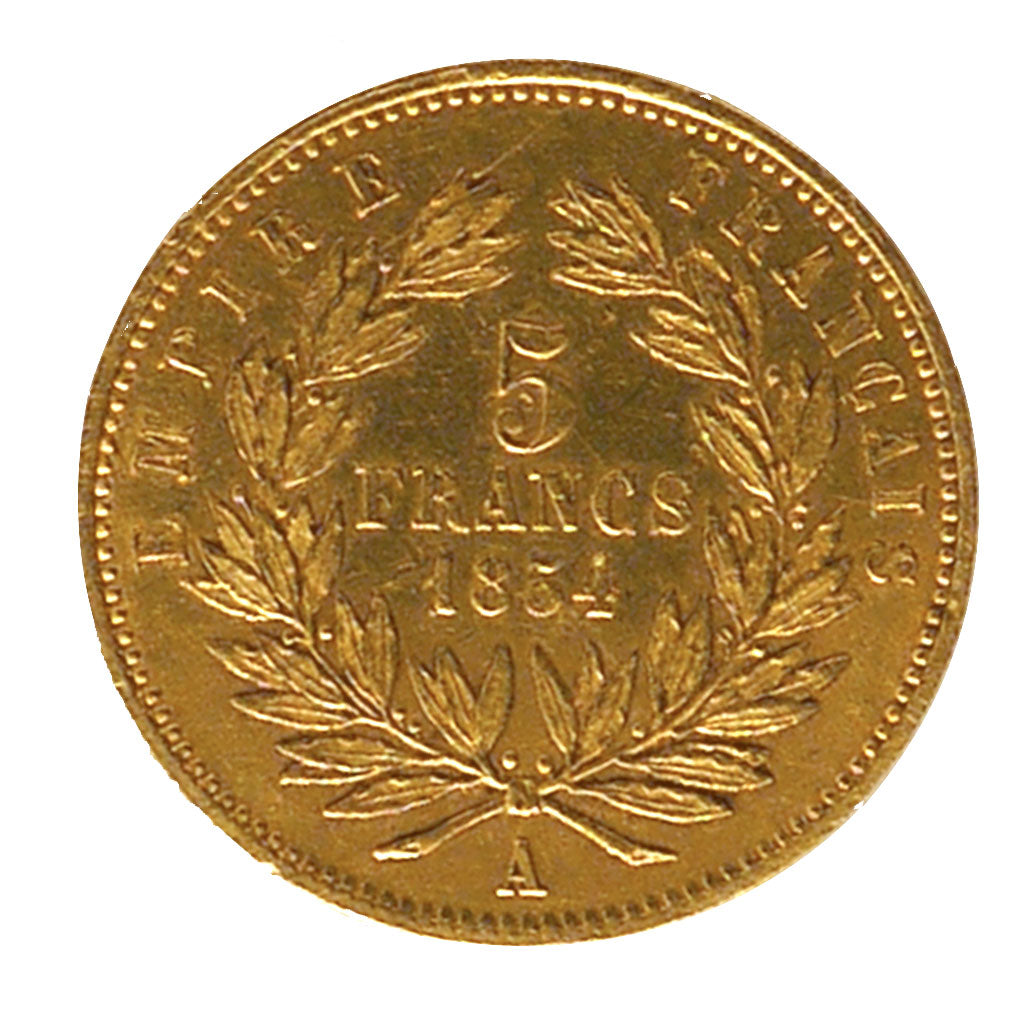 FRANCE, 5 Francs, 1854, Paris, AU(55-58), Gold, Gadoury #1000, 1.61