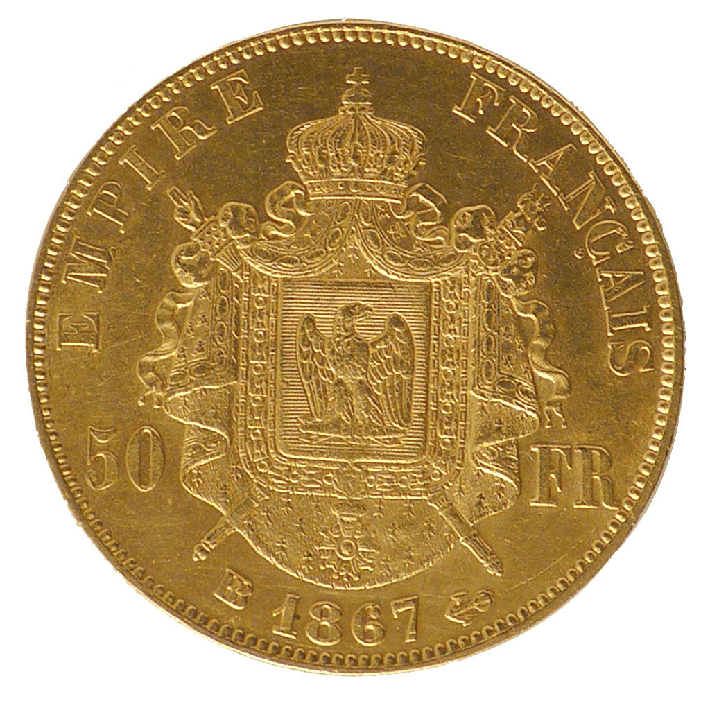 FRANCE, Napoléon III, 50 Francs, 1867, Strasbourg, KM #804.2, AU(55-58), Gold, G