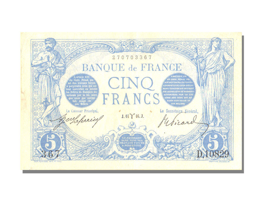 France, 5 Francs, 5 F 1912-1917 ''Bleu'', 1916, KM #70, 1916-03-14, UNC(60-62),.