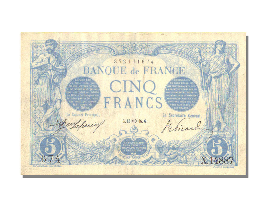 France, 5 Francs, 5 F 1912-1917 ''Bleu'', 1916, KM #70, 1916-11-13, AU(50-53),..