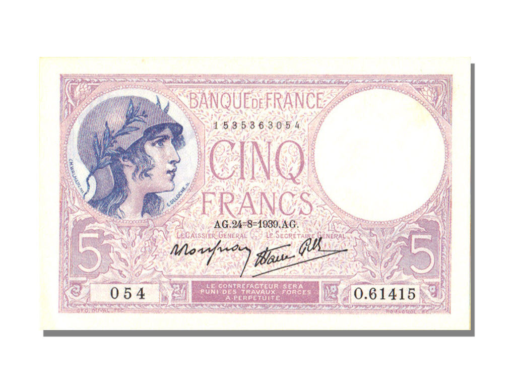 France, 5 Francs, 1939, KM #83, 1939-08-24, UNC(65-70), O.61415, Fayette #4.7