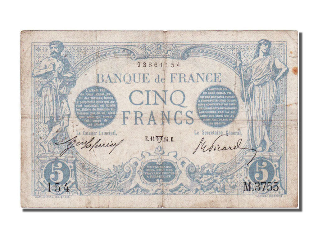 France, 5 Francs, 5 F 1912-1917 ''Bleu'', 1914, KM #70, 1914-04-14, VF(30-35),..