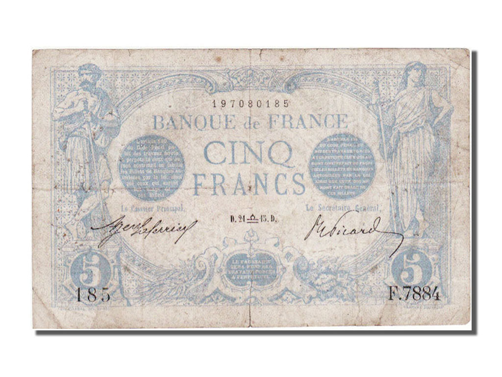 France, 5 Francs, 5 F 1912-1917 ''Bleu'', 1915, KM #70, 1915-09-21, VF(30-35),..